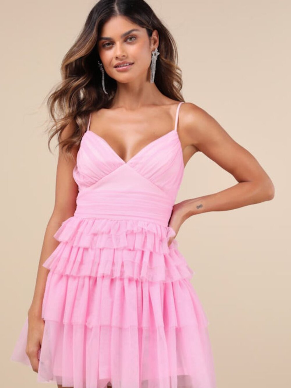 Lulus Special Poise Pink Tulle Pleated Sleeveless Tiered Mini Dress - Size S